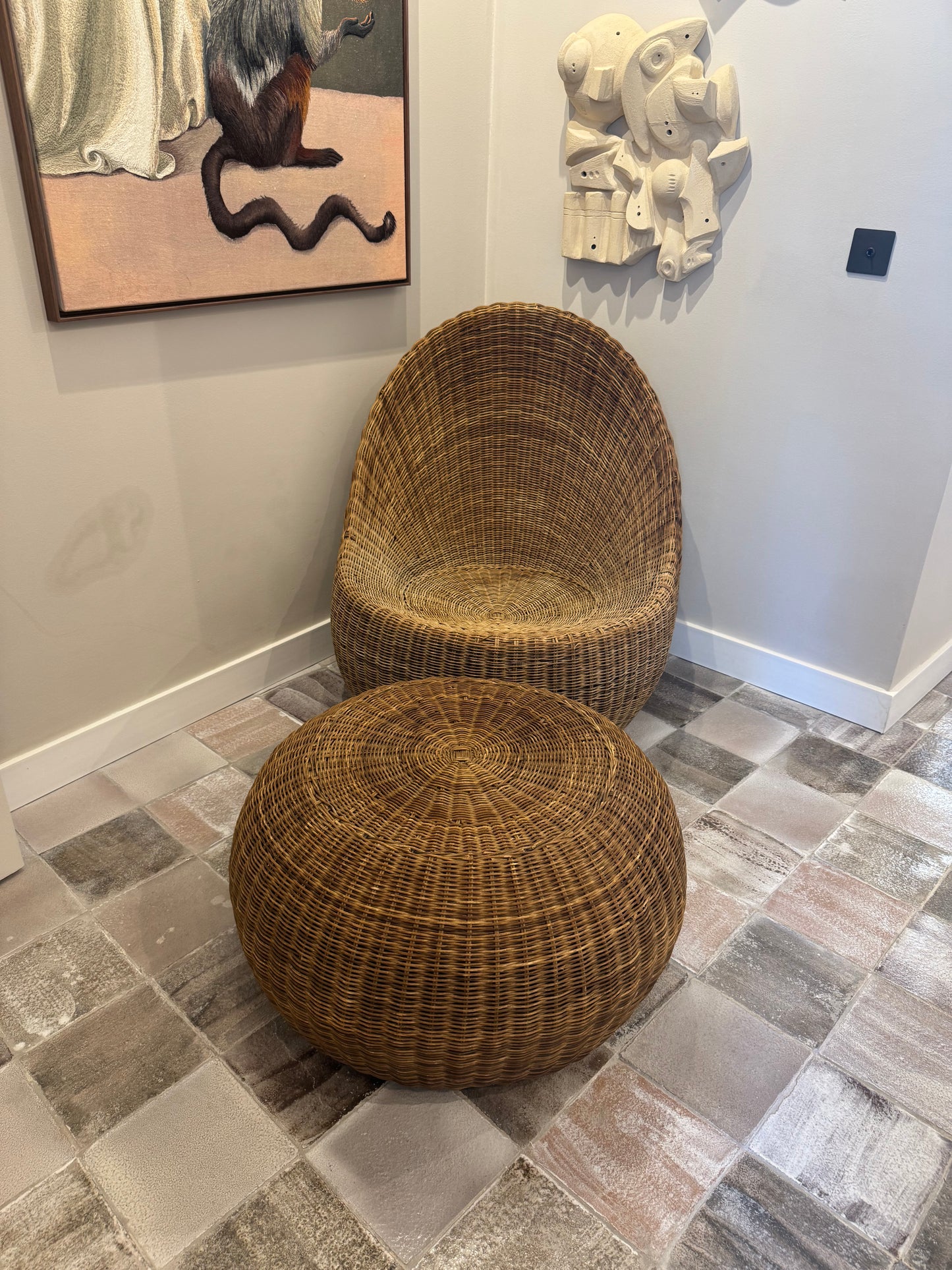 SOLD Pair of Vintage Woven Italian Chairs and Ottoman